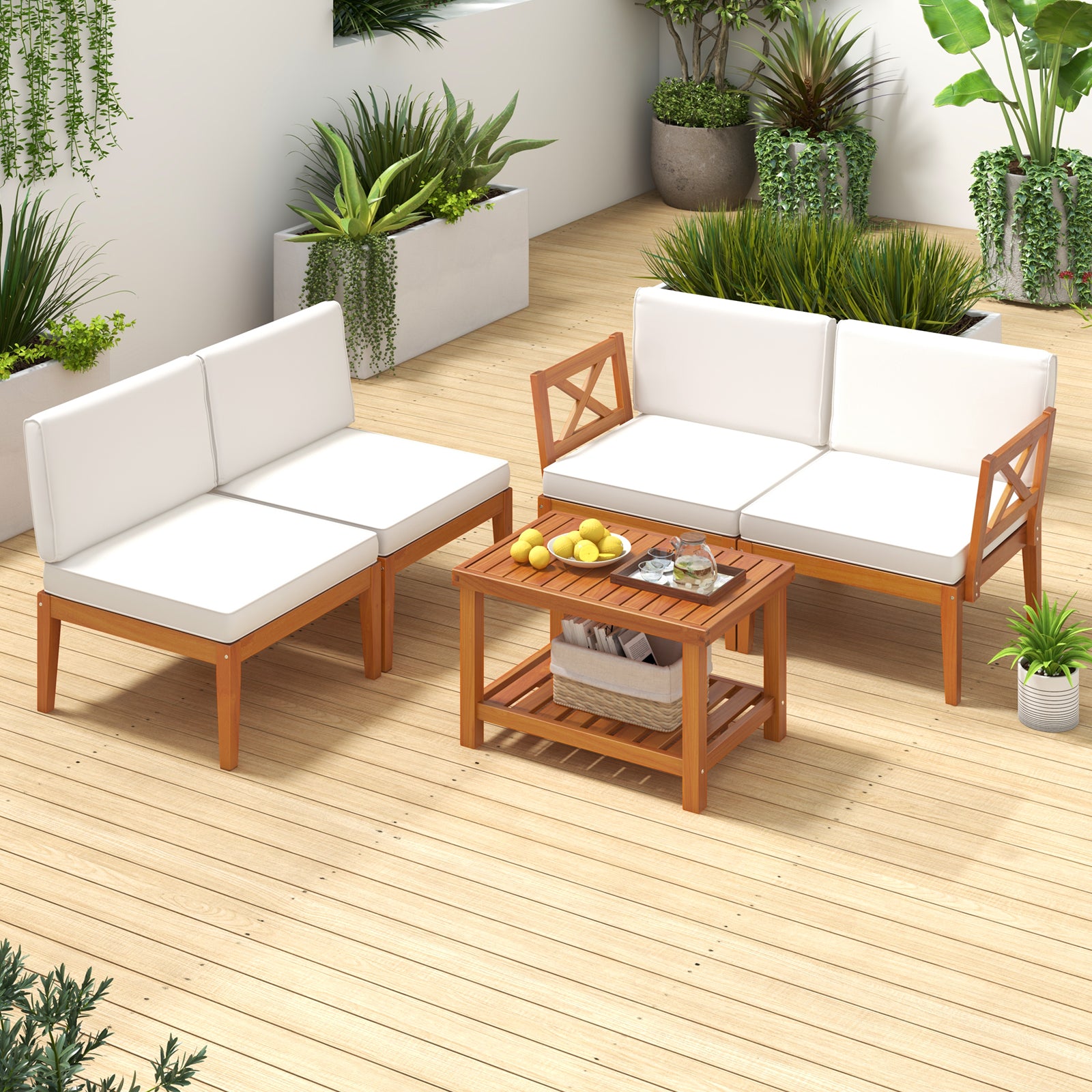 5 Pieces Acacia Wood Patio Furniture Set Outdoor Sectional Conversation Set with Cushions, Off White Patio Conversation Sets at Gallery Canada