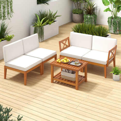 5 Pieces Acacia Wood Patio Furniture Set Outdoor Sectional Conversation Set with Cushions, Off White