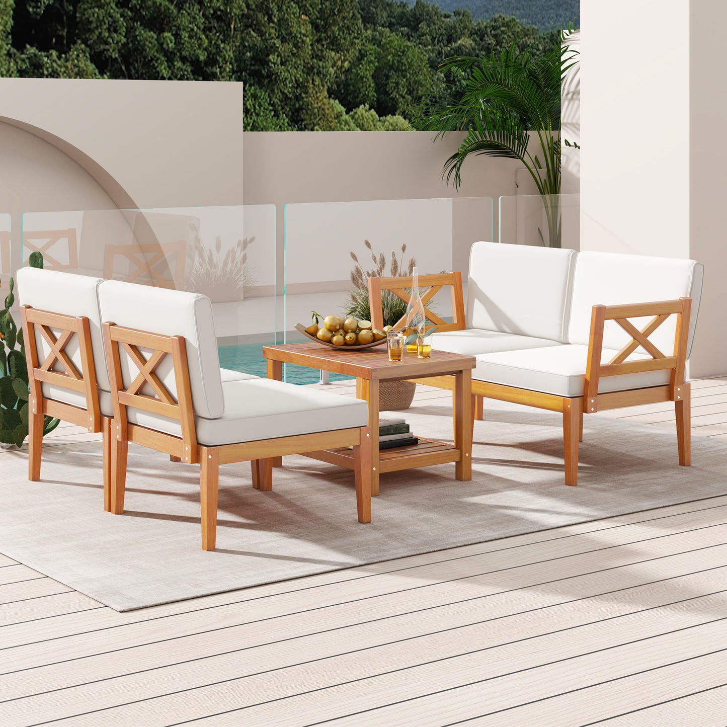 5 Pieces Acacia Wood Patio Furniture Set Outdoor Sectional Conversation Set with Cushions, Off White Patio Conversation Sets at Gallery Canada