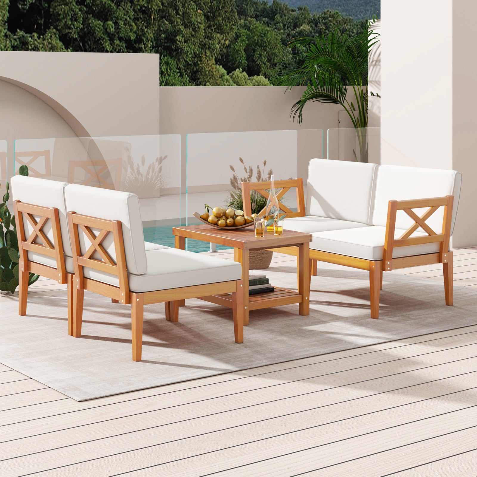 5 Pieces Acacia Wood Patio Furniture Set Outdoor Sectional Conversation Set with Cushions, Off White Patio Conversation Sets at Gallery Canada