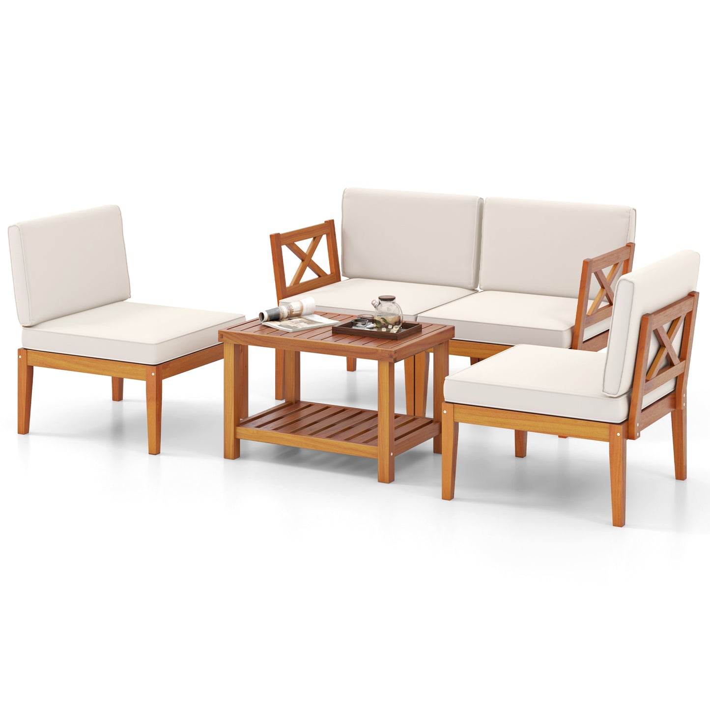 5 Pieces Acacia Wood Patio Furniture Set Outdoor Sectional Conversation Set with Cushions, Off White Patio Conversation Sets at Gallery Canada