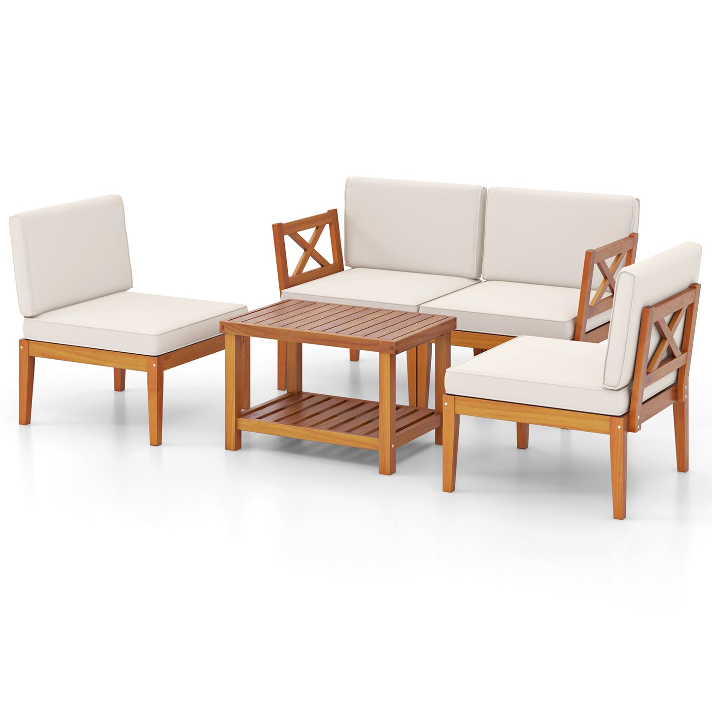 5 Pieces Acacia Wood Patio Furniture Set Outdoor Sectional Conversation Set with Cushions, Off White Patio Conversation Sets at Gallery Canada