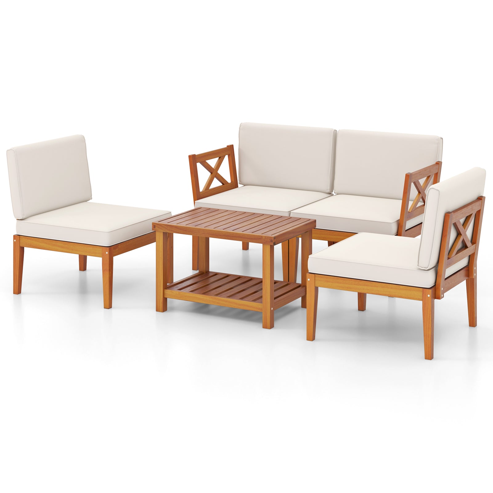 5 Pieces Acacia Wood Patio Furniture Set Outdoor Sectional Conversation Set with Cushions, Off White Patio Conversation Sets at Gallery Canada