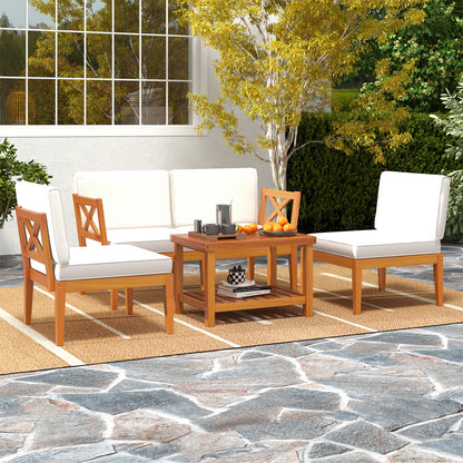 5 Pieces Acacia Wood Patio Furniture Set Outdoor Sectional Conversation Set with Cushions, Off White Patio Conversation Sets at Gallery Canada