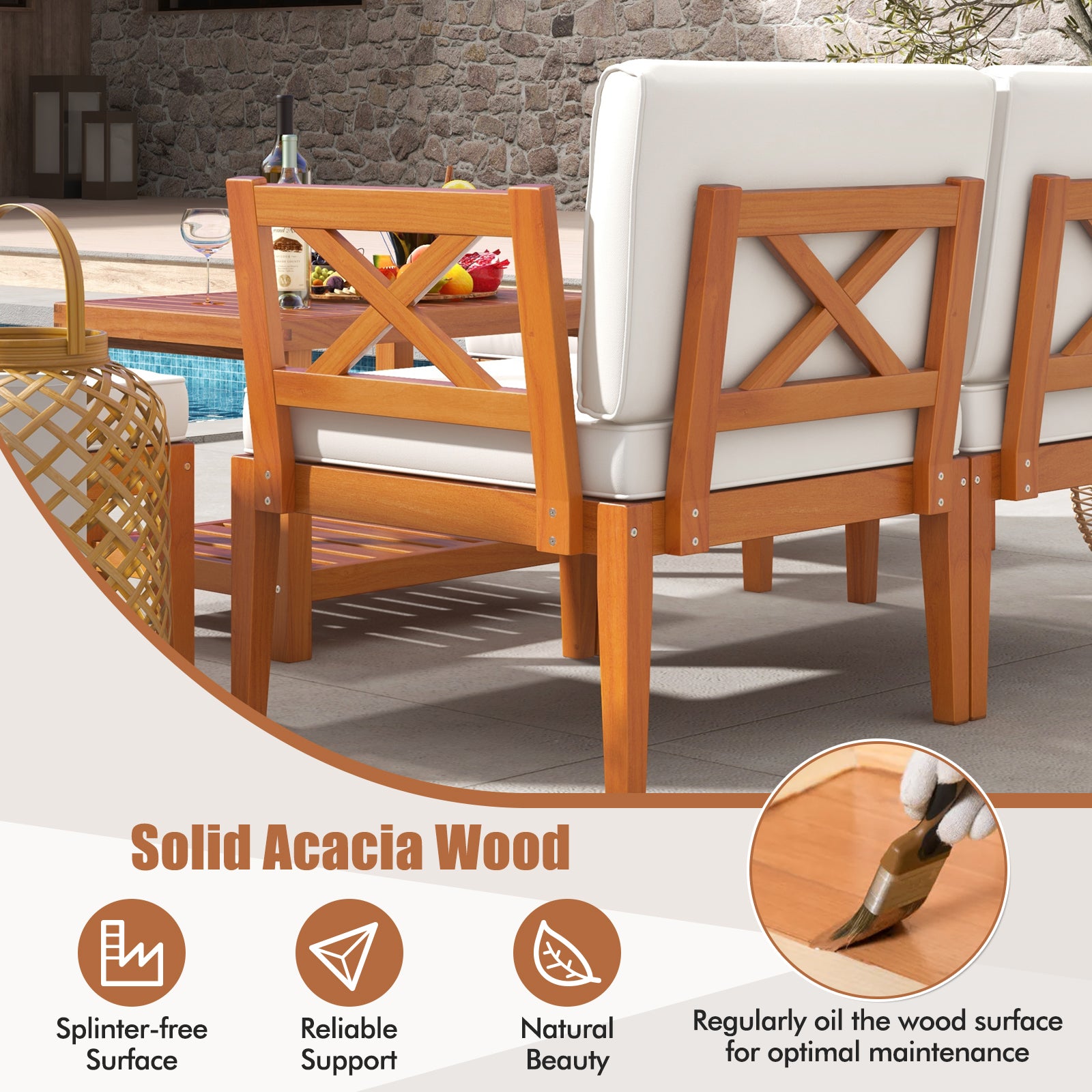 5 Pieces Acacia Wood Patio Furniture Set Outdoor Sectional Conversation Set with Cushions, Off White Patio Conversation Sets at Gallery Canada