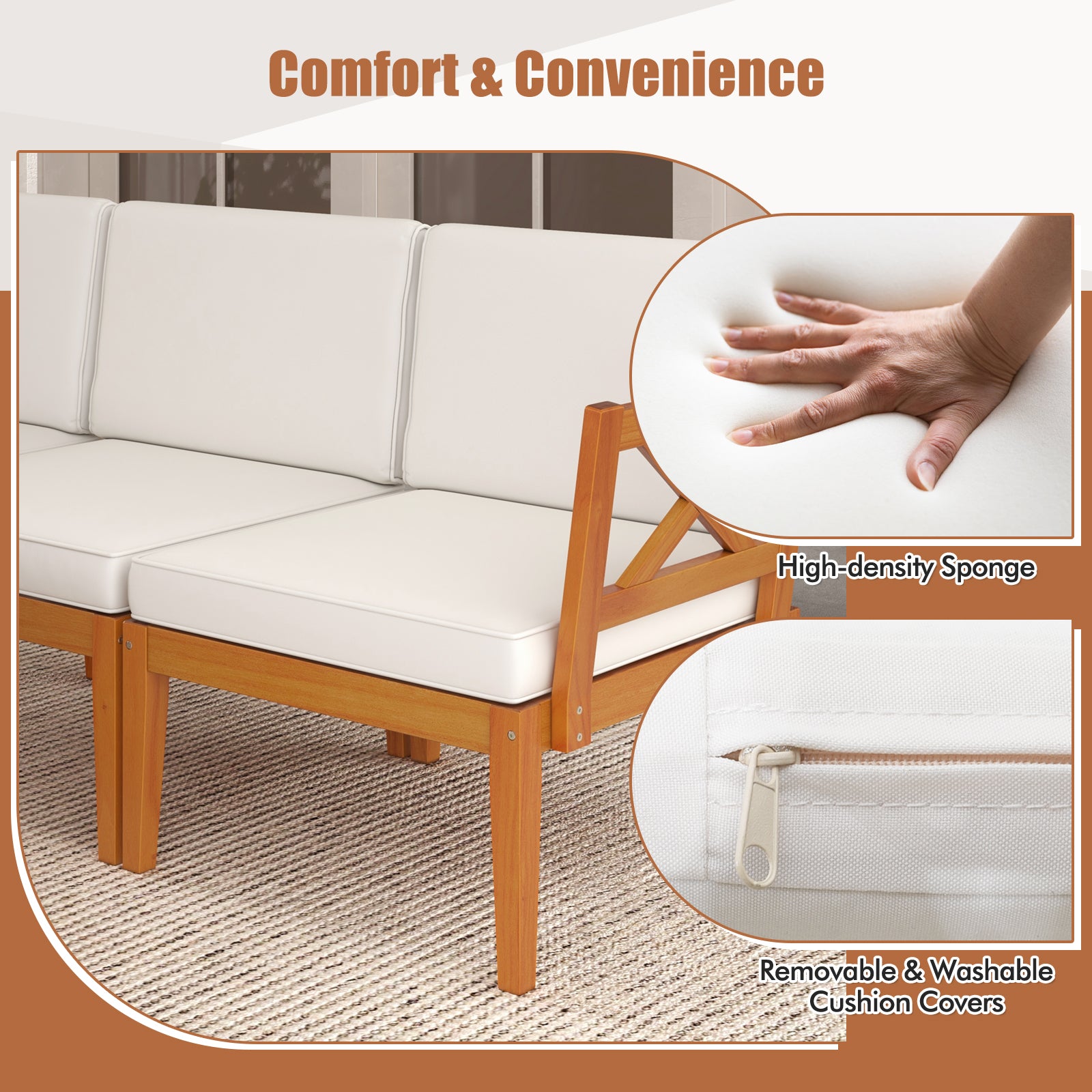 5 Pieces Acacia Wood Patio Furniture Set Outdoor Sectional Conversation Set with Cushions, Off White Patio Conversation Sets at Gallery Canada