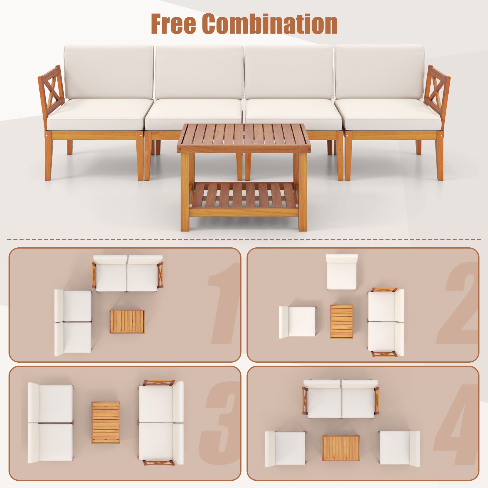 5 Pieces Acacia Wood Patio Furniture Set Outdoor Sectional Conversation Set with Cushions, Off White Patio Conversation Sets at Gallery Canada