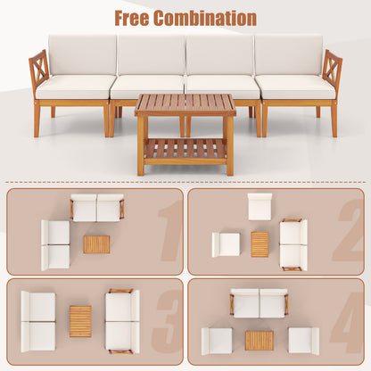 5 Pieces Acacia Wood Patio Furniture Set Outdoor Sectional Conversation Set with Cushions, Off White Patio Conversation Sets at Gallery Canada