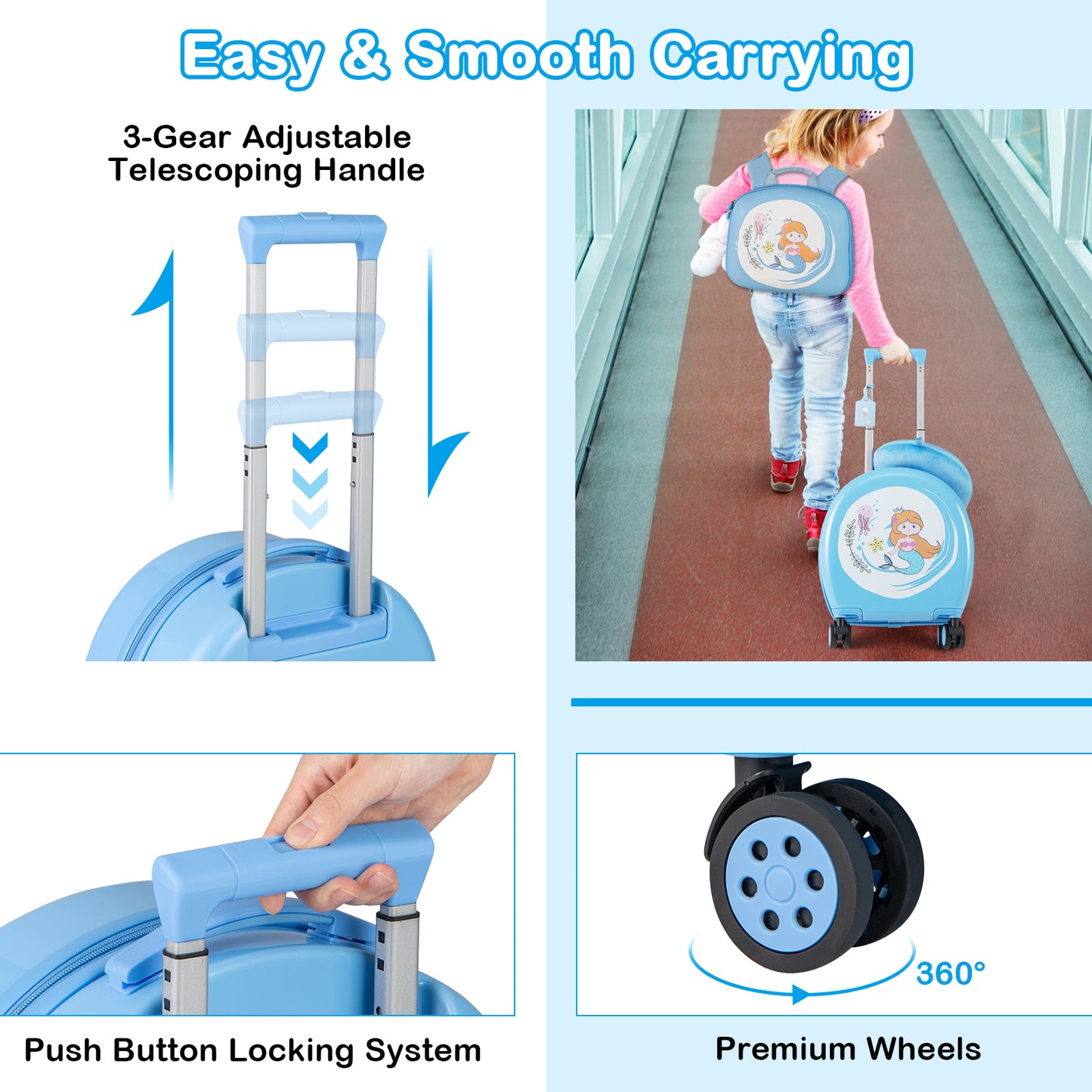 Kids Luggage Set, 14 Inches Hardside Spinner, 10 Inches Backpack, Blue