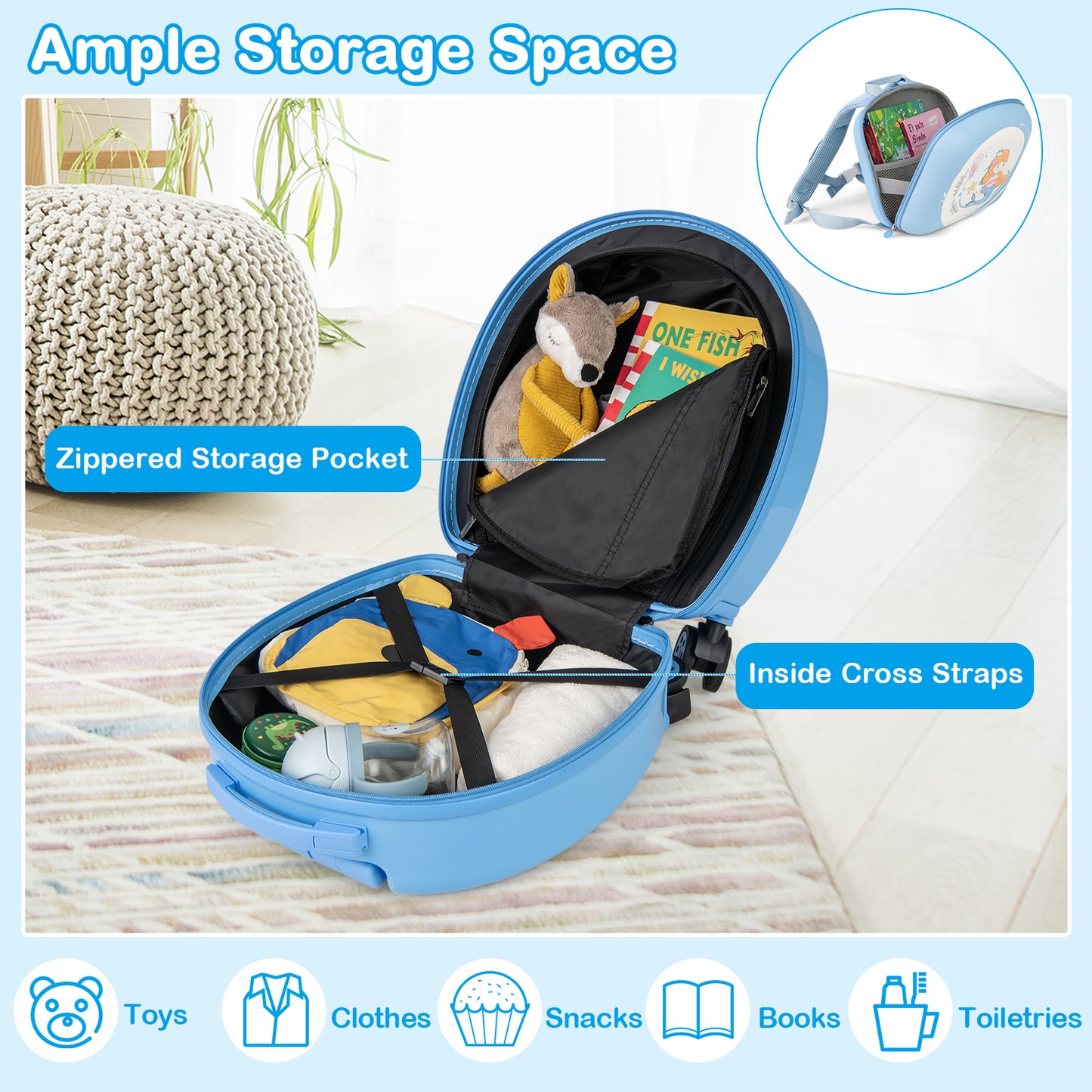 Kids Luggage Set, 14 Inches Hardside Spinner, 10 Inches Backpack, Blue