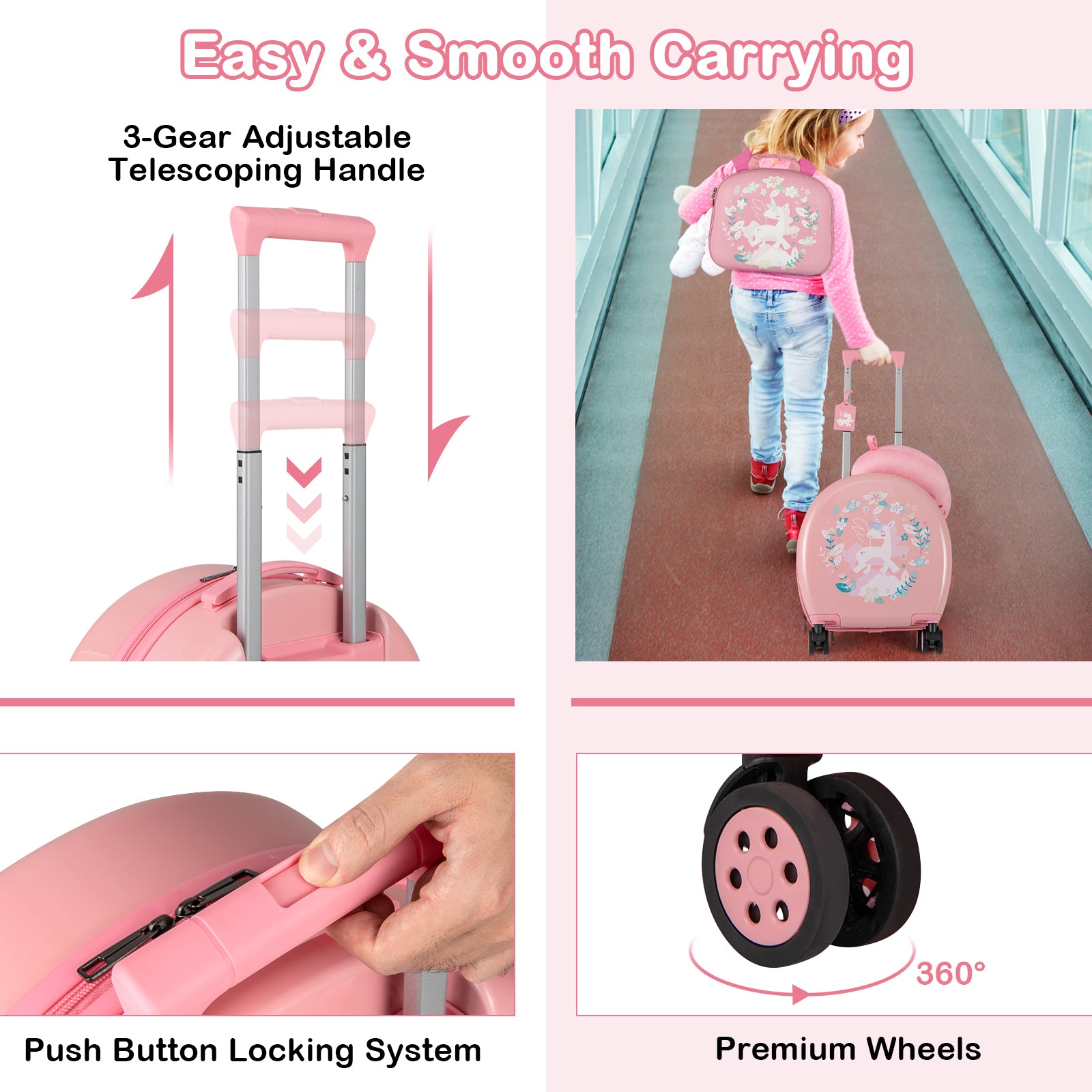 Kids Luggage Set with 14 Inches Carry-on Hardside Spinner Toddler Luggage and 10 Inches Backpack, Pink Kids Luggage at Gallery Canada