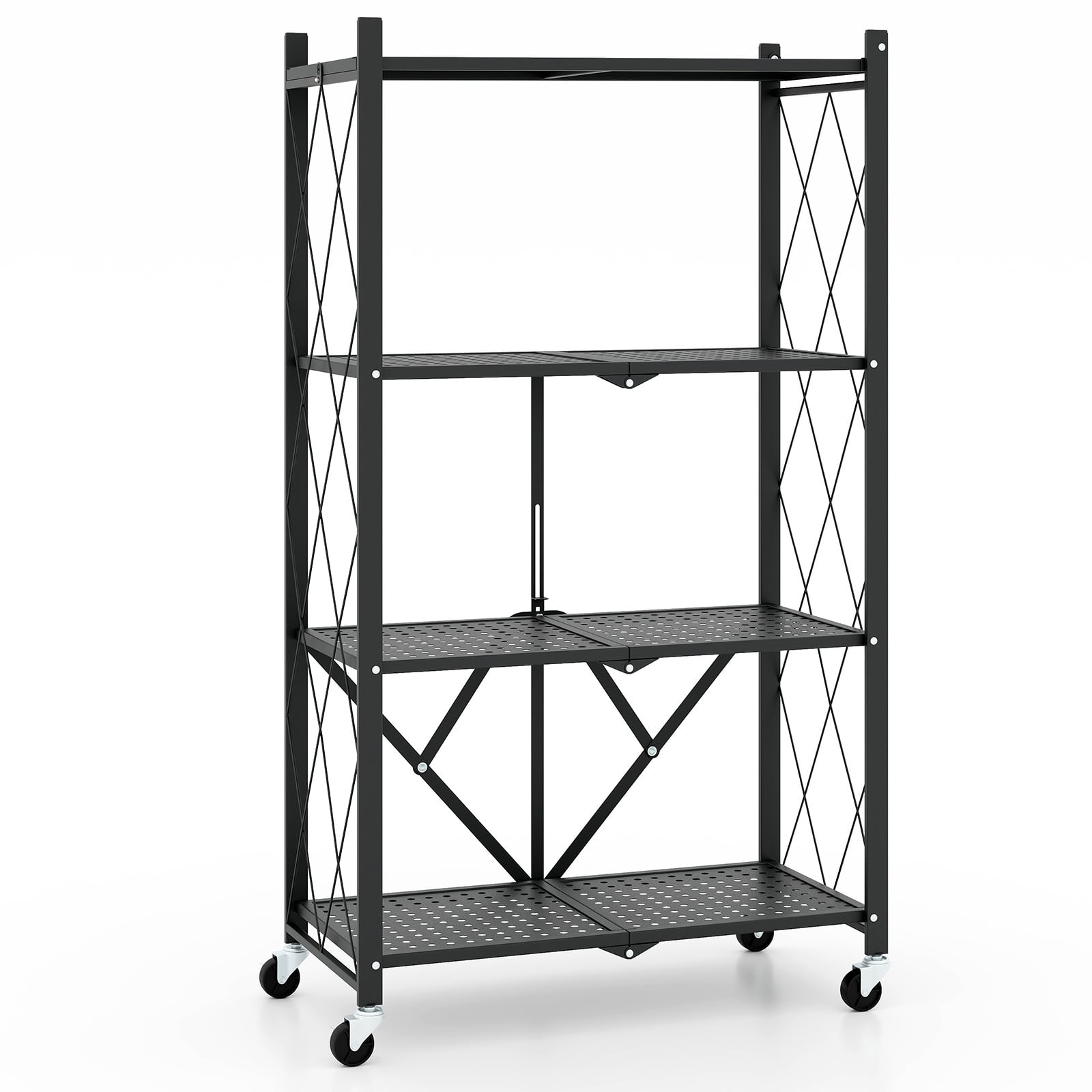 4-Tier Foldable Storage Shelf, Collapsible Rack With Lockable Wheels, Black Bookcases Black at Gallery Canada