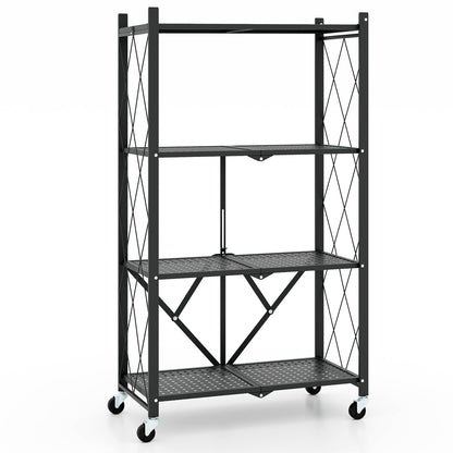 4-Tier Foldable Storage Shelf, Collapsible Rack With Lockable Wheels, Black Bookcases Black at Gallery Canada