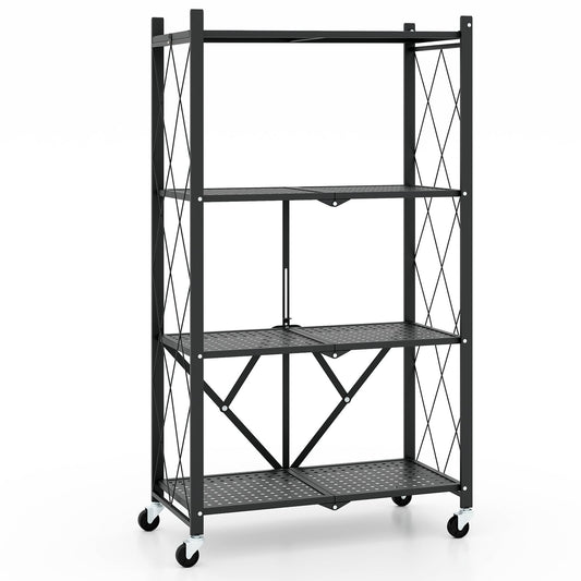 4-Tier Foldable Storage Shelf, Collapsible Rack With Lockable Wheels, Black Bookcases Black at Gallery Canada