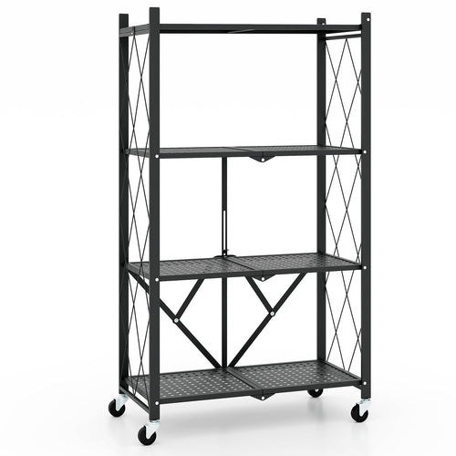 4-Tier Foldable Storage Shelf, Collapsible Rack With Lockable Wheels, Black
