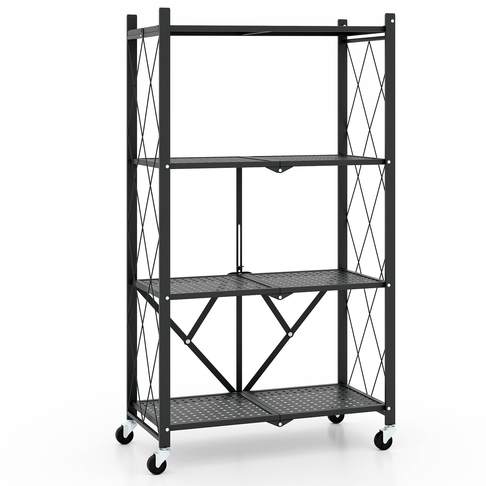 4-Tier Foldable Storage Shelf, Collapsible Rack With Lockable Wheels, Black Bookcases Black at Gallery Canada