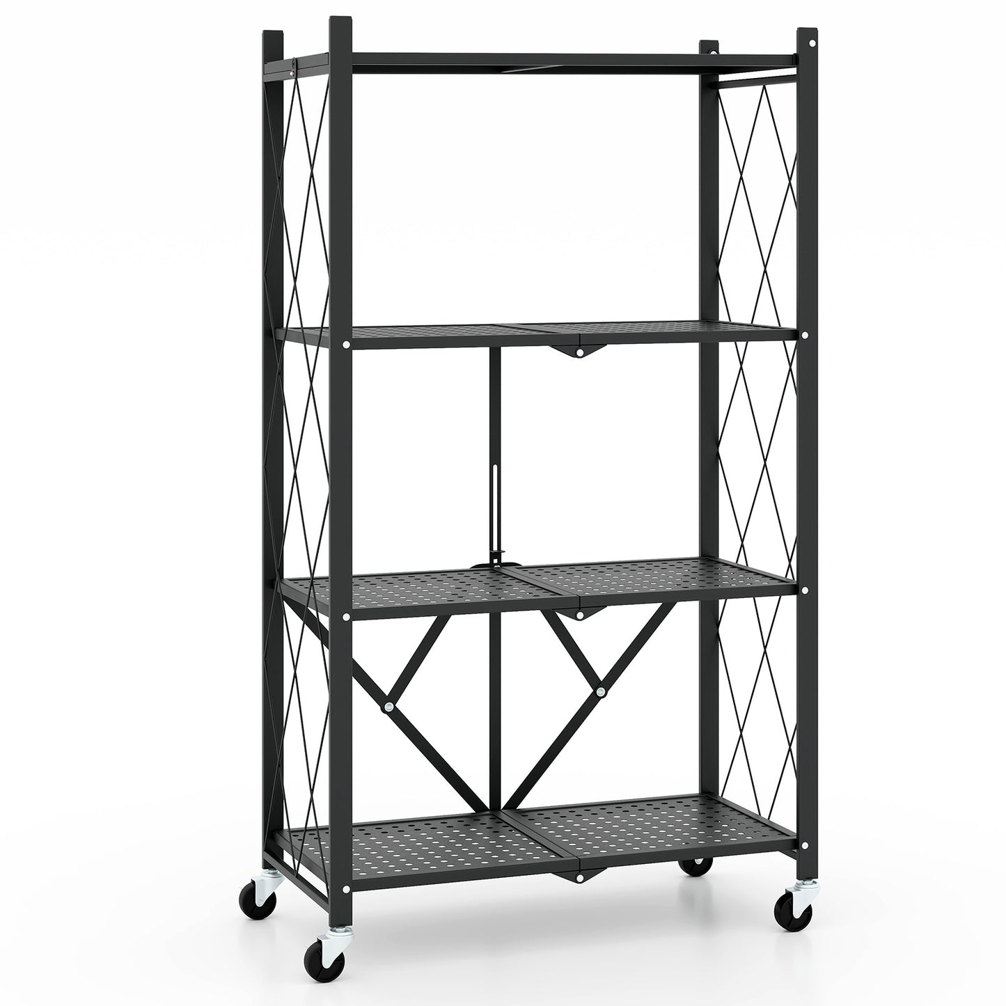 4-Tier Foldable Storage Shelf, Collapsible Rack With Lockable Wheels, Black Bookcases Black at Gallery Canada