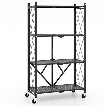 4-Tier Foldable Storage Shelf, Collapsible Rack With Lockable Wheels, Black Bookcases Black at Gallery Canada