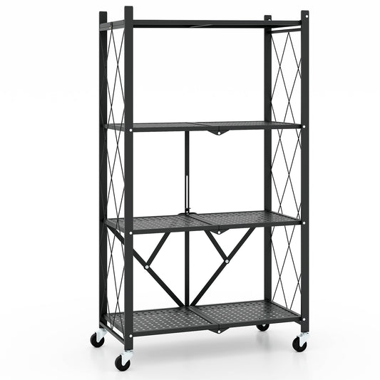 4-Tier Foldable Storage Shelf, Collapsible Rack With Lockable Wheels, Black Bookcases Black at Gallery Canada