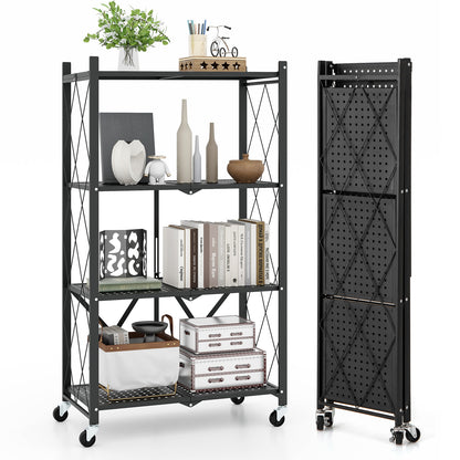 4-Tier Foldable Storage Shelf Collapsible Storage Rack with Lockable Wheels, Black Bookcases at Gallery Canada