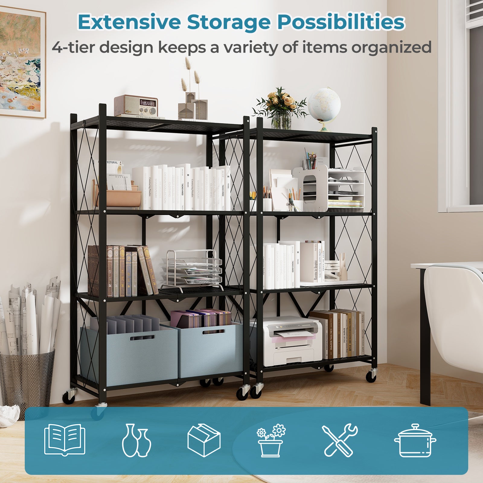 4-Tier Foldable Storage Shelf, Collapsible Rack With Lockable Wheels, Black Bookcases at Gallery Canada