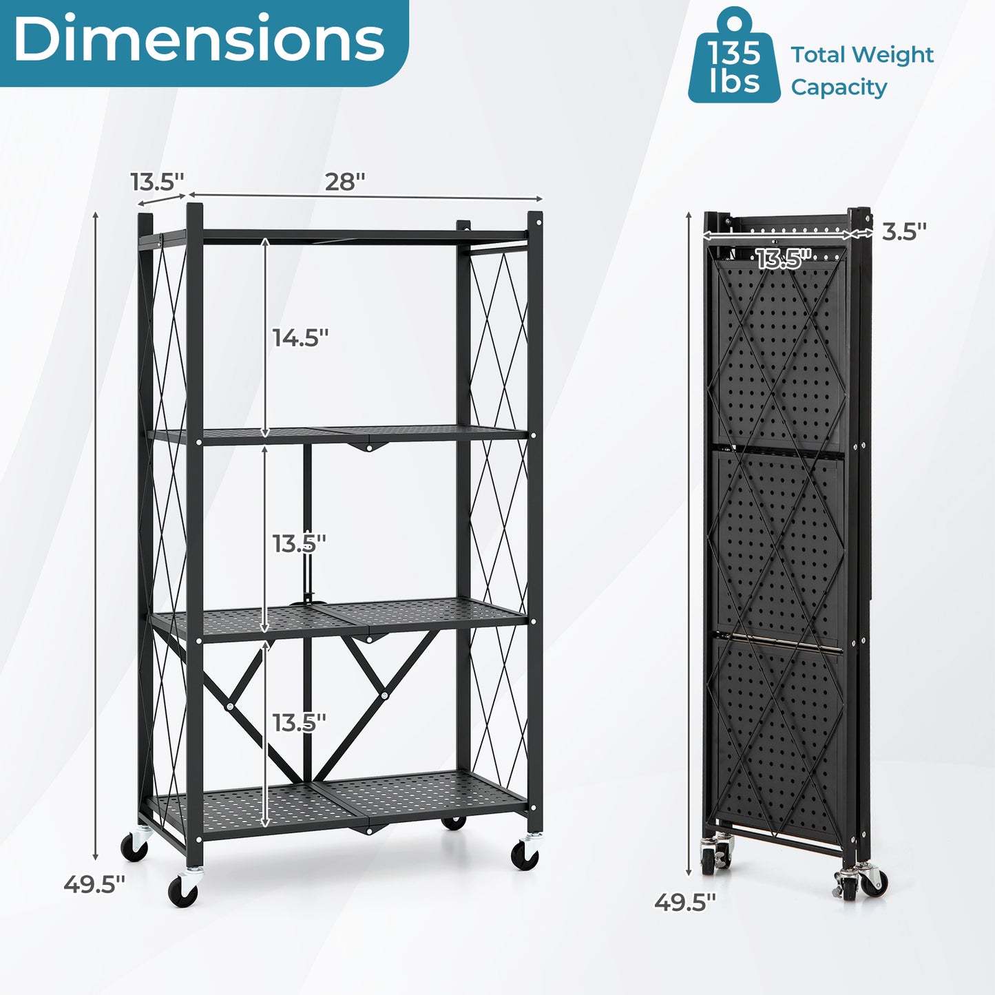 4-Tier Foldable Storage Shelf Collapsible Storage Rack with Lockable Wheels, Black Bookcases at Gallery Canada
