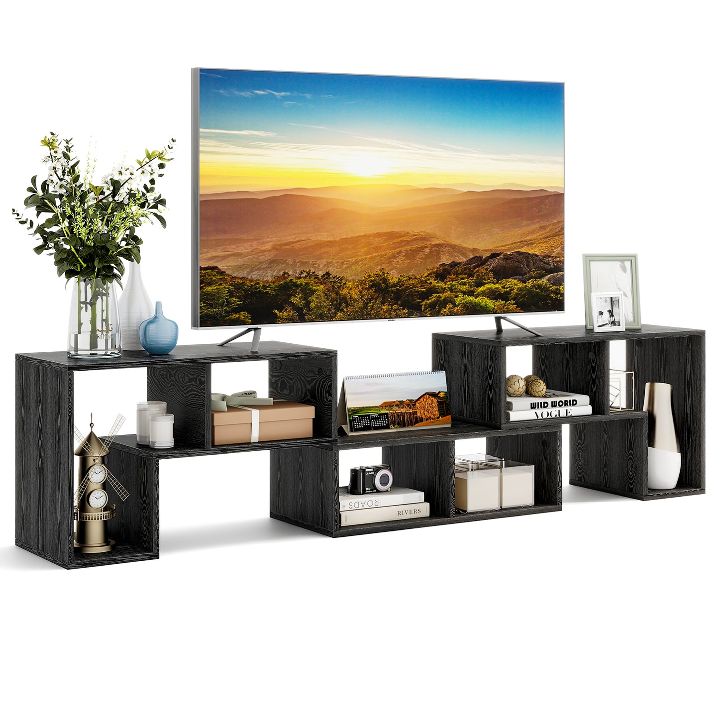 Support TV réglable pour téléviseurs de 65 pouces, Mixte, Grain de bois noir, Noir