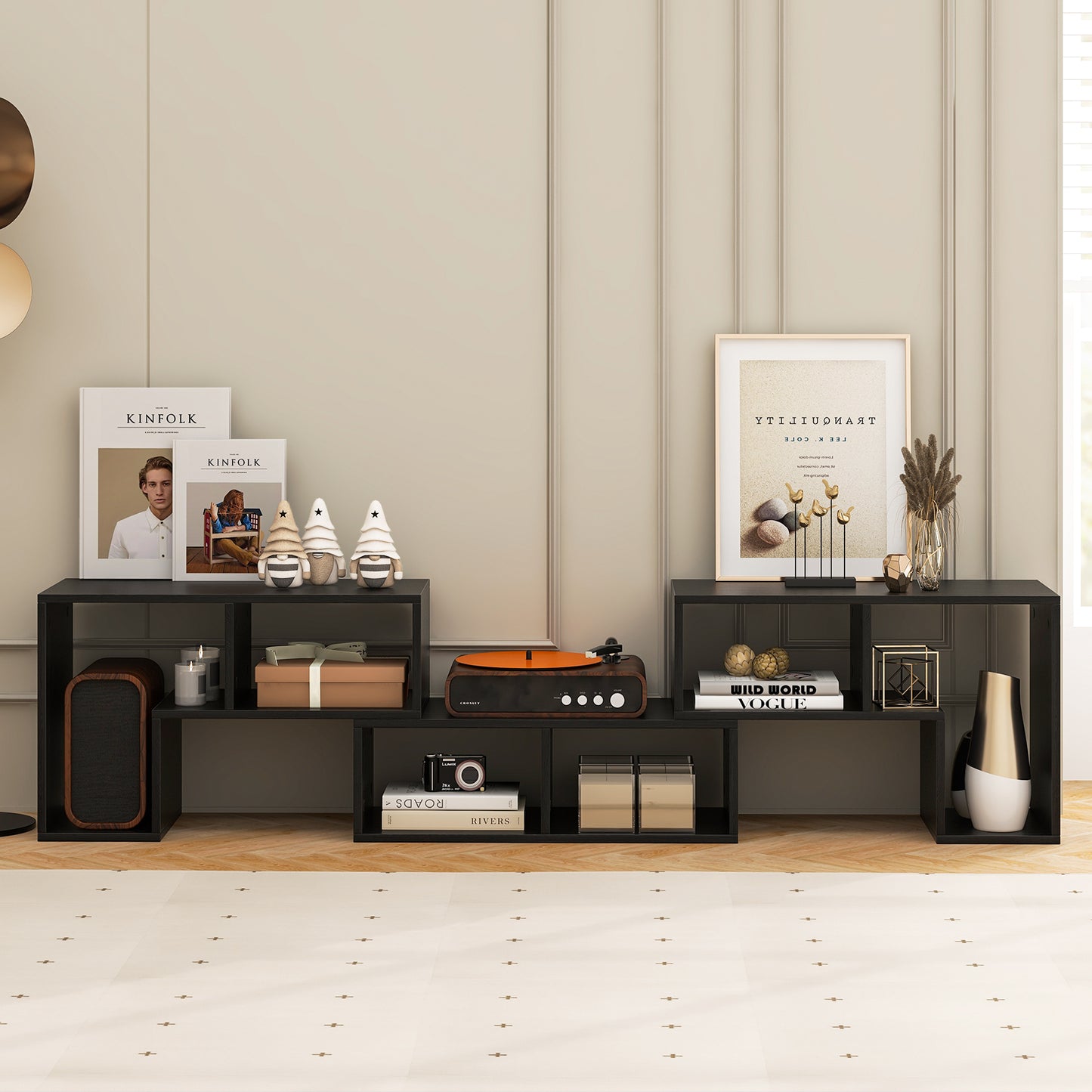 3 Pieces Adjustable TV Stand for TVs up to 65 Inch with Shelves-Mixed Black, Black Wood Grain Entertainment Centers & TV Stands at Gallery Canada