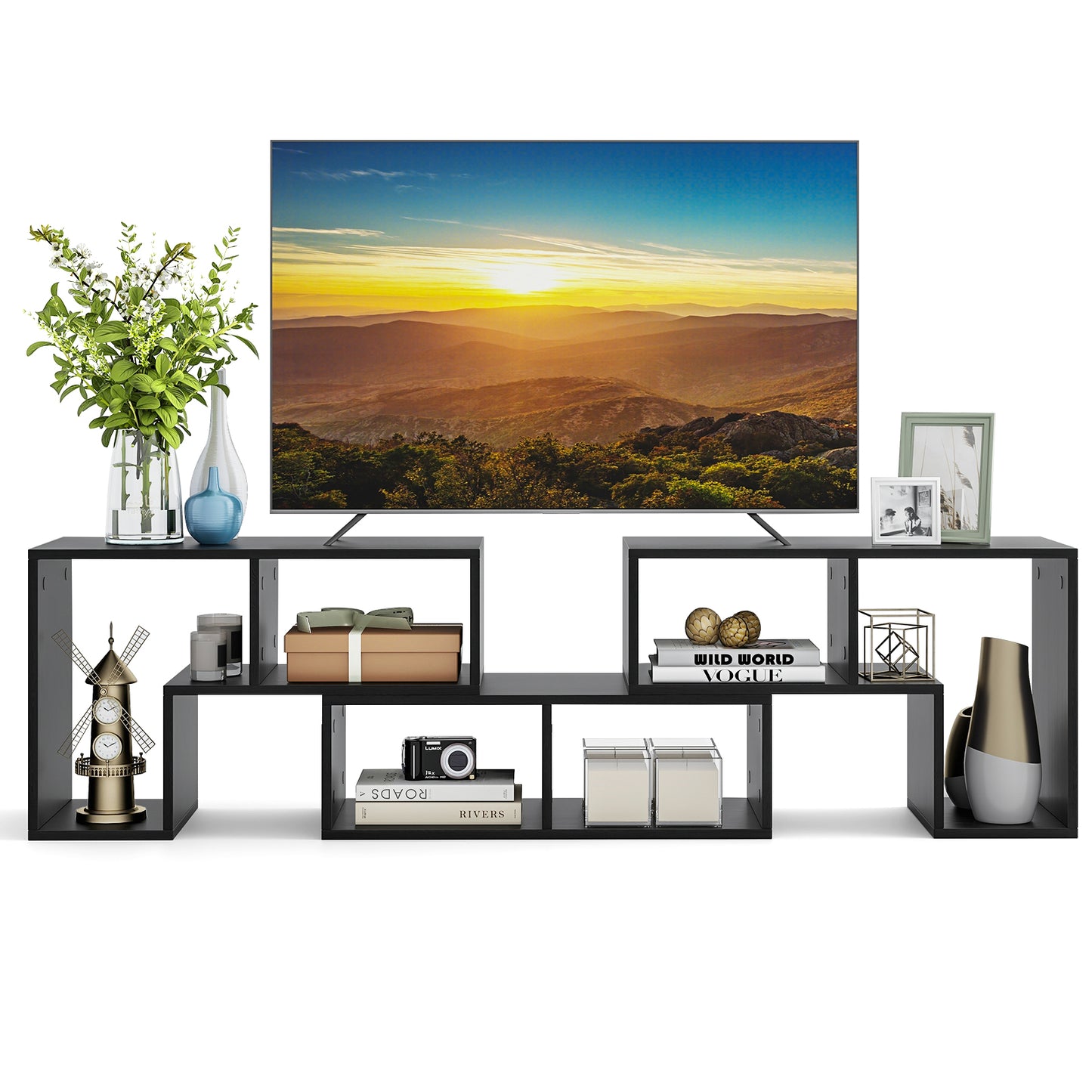 3 Pieces Adjustable TV Stand for TVs up to 65 Inch with Shelves-Mixed Black, Black Wood Grain Entertainment Centers & TV Stands at Gallery Canada