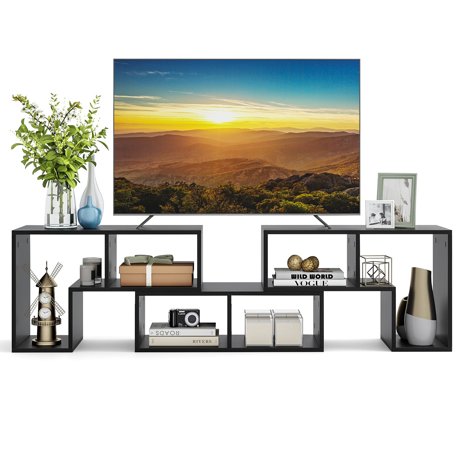 3 Pieces Adjustable TV Stand for TVs up to 65 Inch with Shelves-Mixed Black, Black Wood Grain Entertainment Centers & TV Stands at Gallery Canada