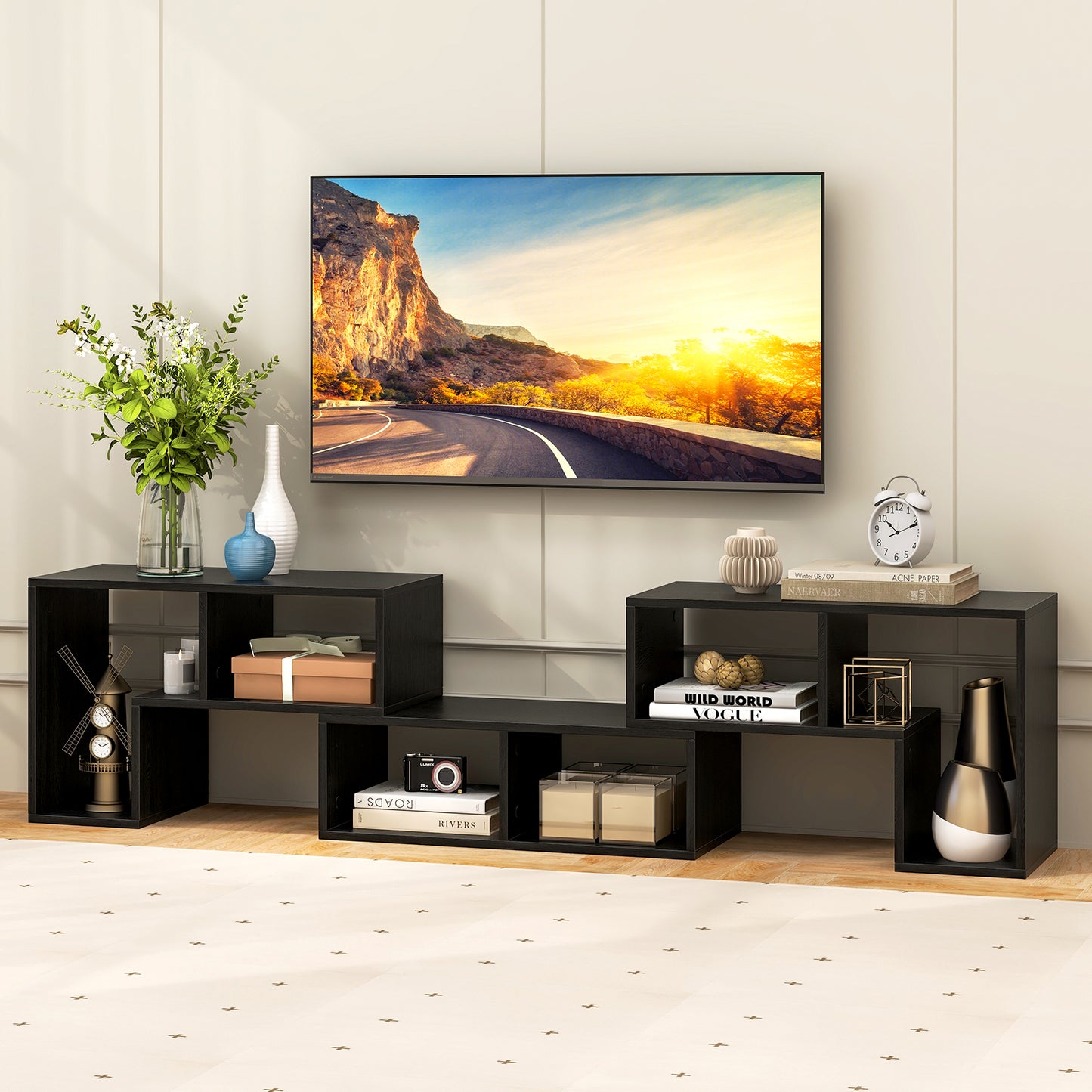 3 Pieces Adjustable TV Stand for TVs up to 65 Inch with Shelves-Mixed Black, Black Wood Grain Entertainment Centers & TV Stands at Gallery Canada