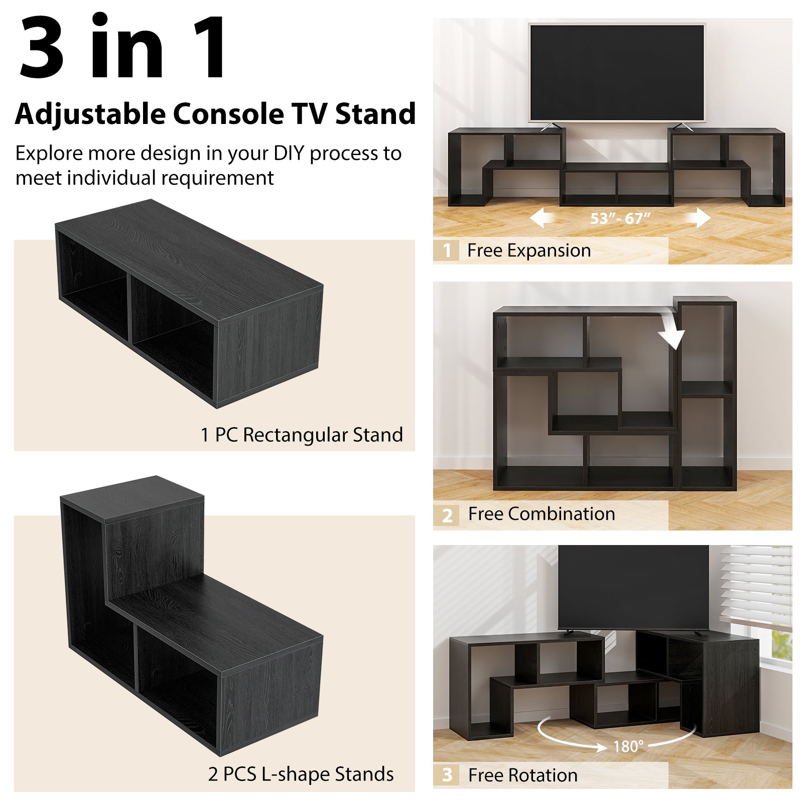 3 Pieces Adjustable TV Stand for TVs up to 65 Inch with Shelves-Mixed Black, Black Wood Grain Entertainment Centers & TV Stands at Gallery Canada