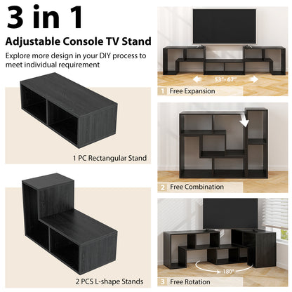 3 Pieces Adjustable TV Stand for TVs up to 65 Inch with Shelves-Mixed Black, Black Wood Grain Entertainment Centers & TV Stands at Gallery Canada