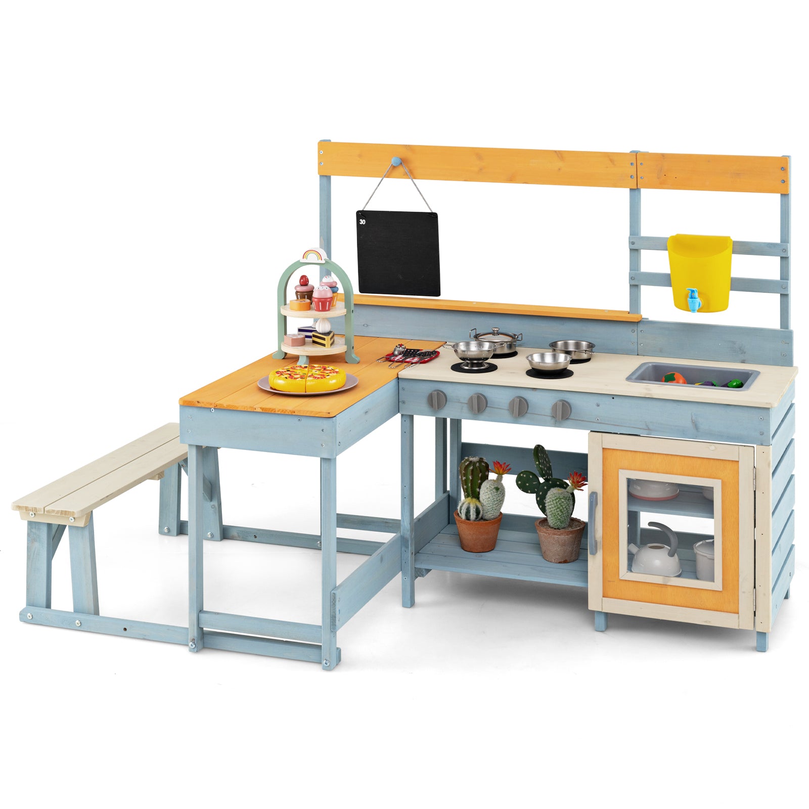 Fir Wood Play Kitchen with Kids Picnic Table and Built-in Bench-Grey, Gray Play Kitchen Sets at Gallery Canada