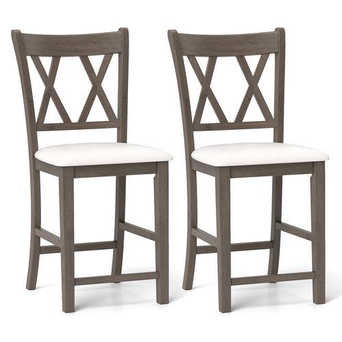 Set of 2 Bar Stools with Cross Back and Linen Fabric Upholstered Seat, Beige