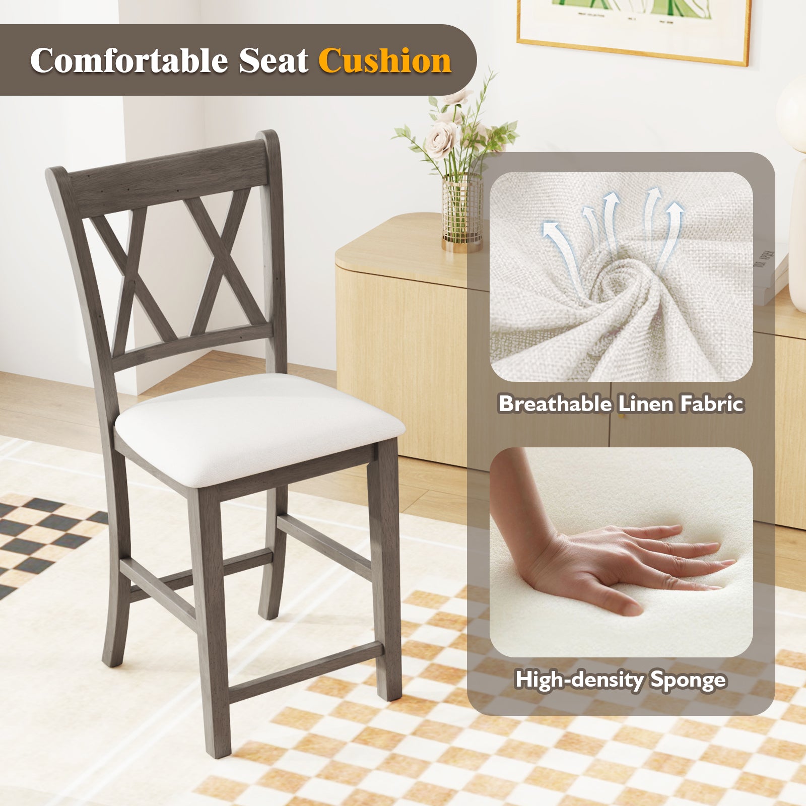 Set of 2 Bar Stools with Cross Back and Linen Fabric Upholstered Seat, Beige Bar Stools at Gallery Canada