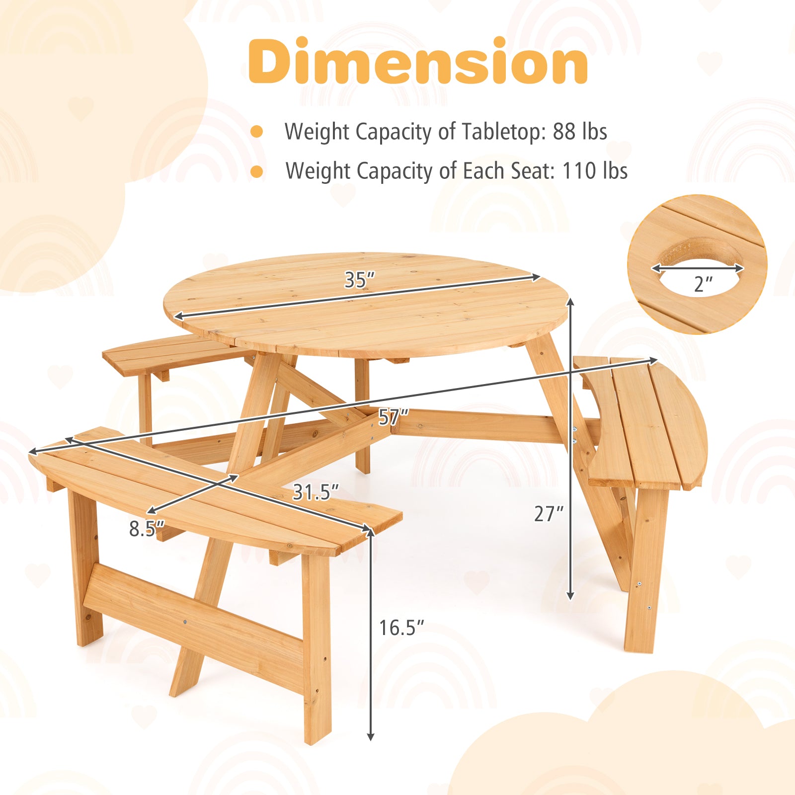 Kids Outdoor Wooden Picnic Table and Bench Set with Umbrella Hole, Natural Picnic Tables at Gallery Canada