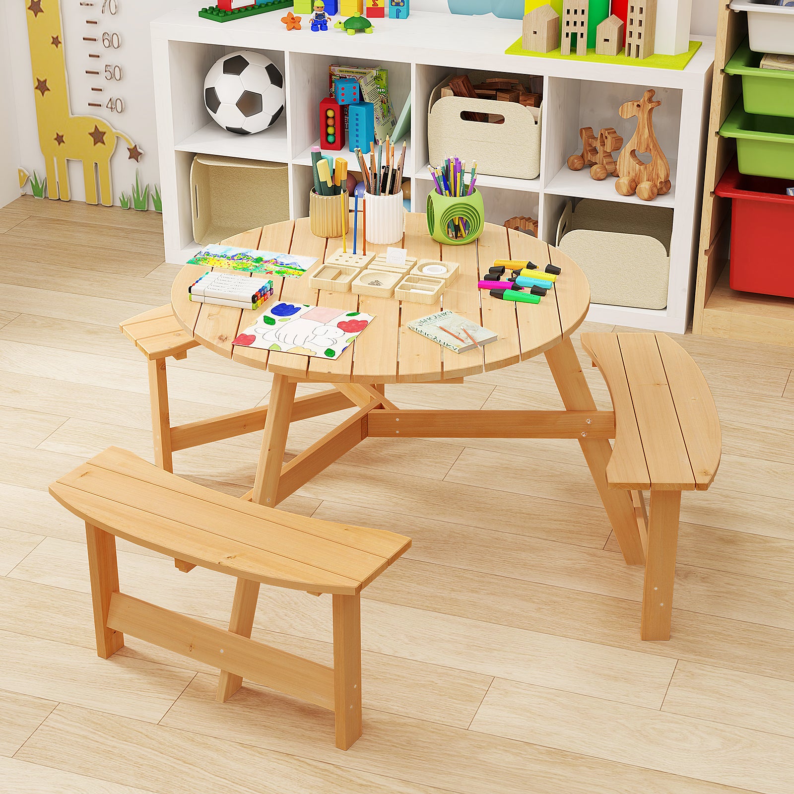 Kids Outdoor Wooden Picnic Table and Bench Set with Umbrella Hole, Natural Picnic Tables at Gallery Canada