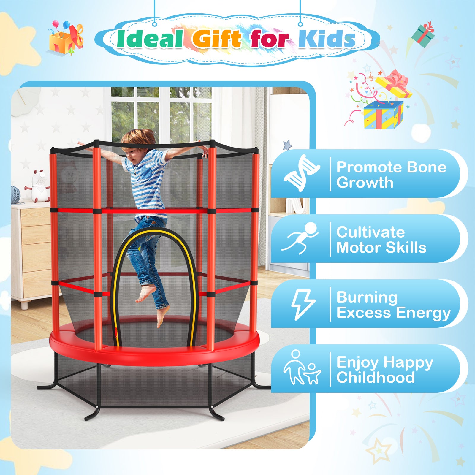 55 Inch Kids Recreational Trampoline Bouncing Jumping Mat with Enclosure Net, Red Trampolines at Gallery Canada