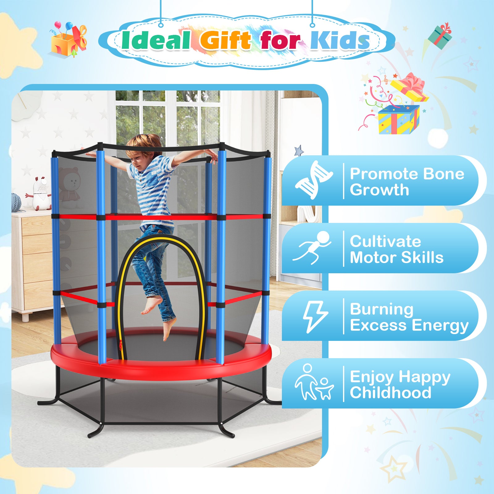 55 Inch Kids Recreational Trampoline Bouncing Jumping Mat with Enclosure Net, Navy Trampolines at Gallery Canada