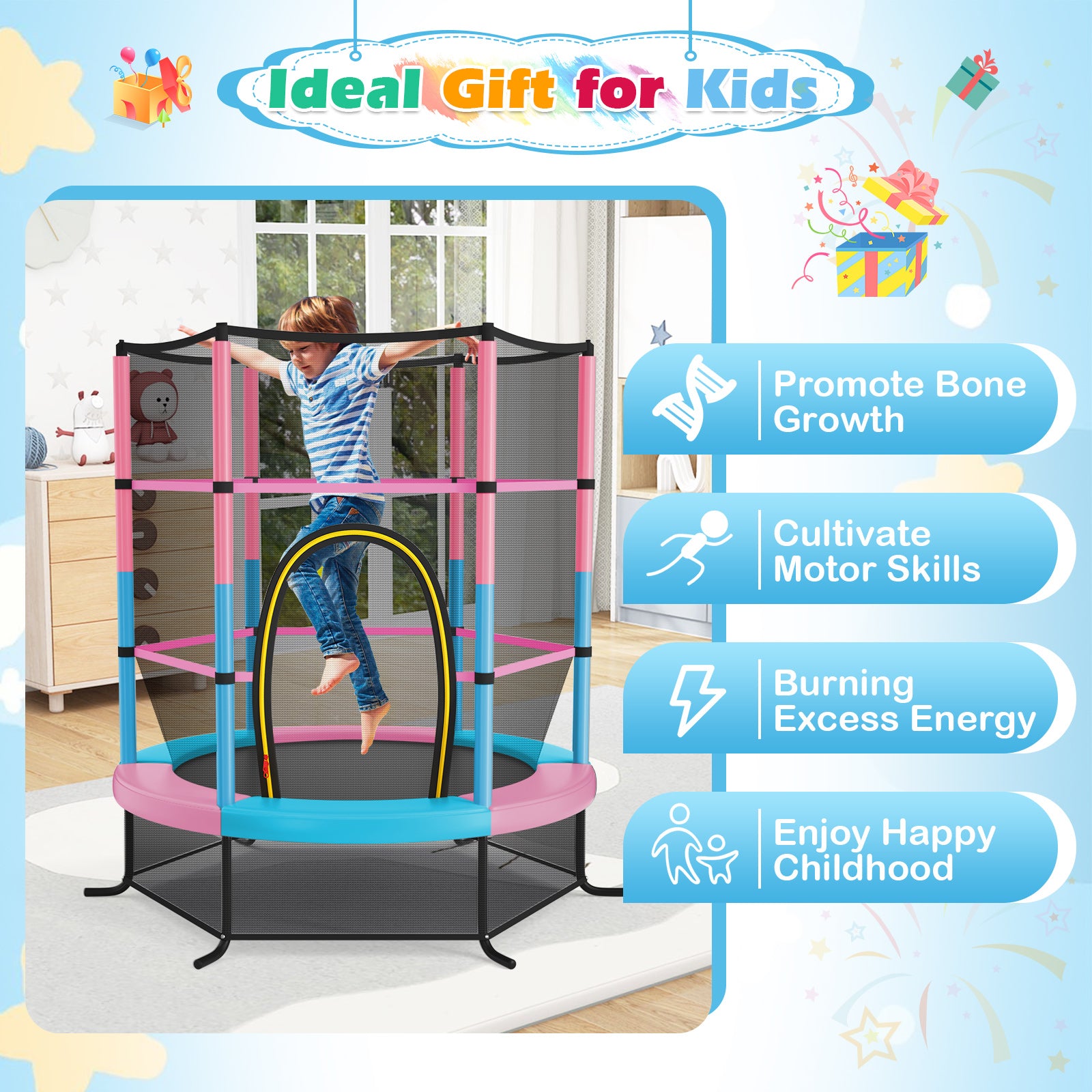 55 Inch Kids Recreational Trampoline Bouncing Jumping Mat with Enclosure Net, Pink Trampolines at Gallery Canada