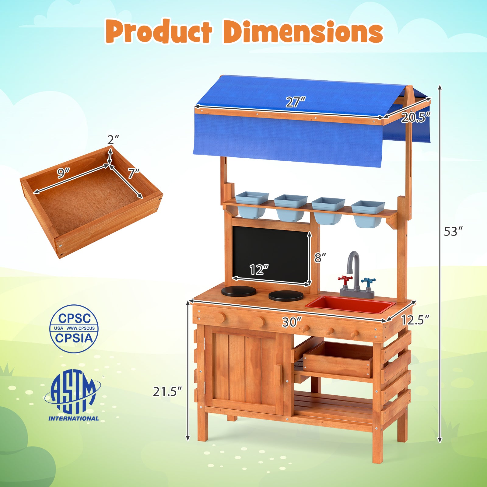 Wooden Pretend Play Kitchen with Height Adjustable Canopy for Kids, Natural Play Kitchen Sets at Gallery Canada