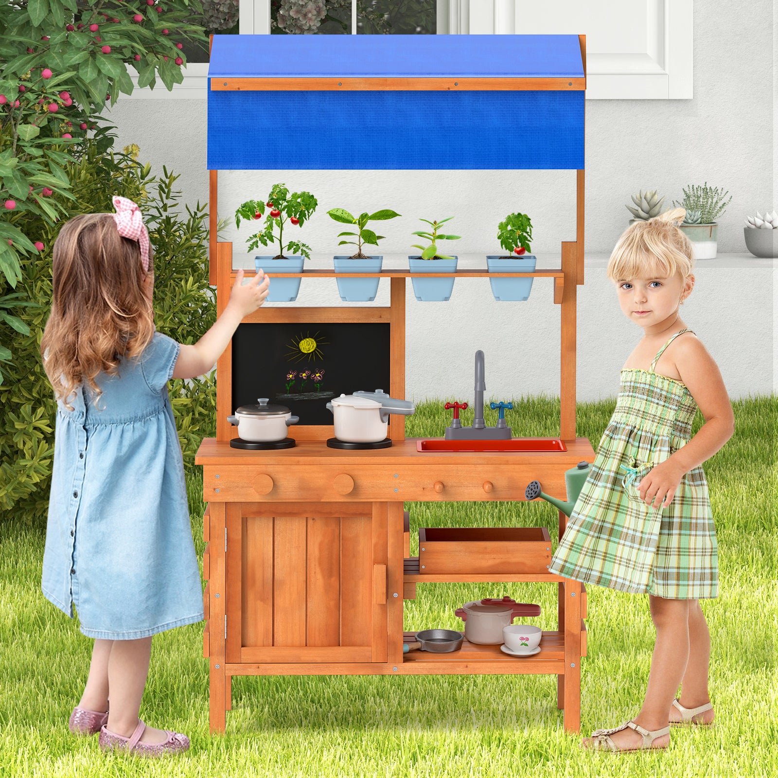 Wooden Pretend Play Kitchen with Height Adjustable Canopy for Kids, Natural Play Kitchen Sets at Gallery Canada