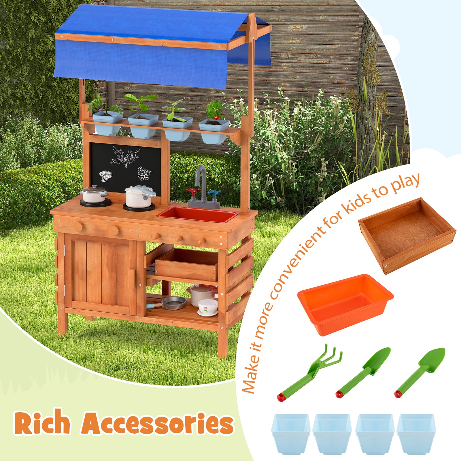 Wooden Pretend Play Kitchen with Height Adjustable Canopy for Kids, Natural Play Kitchen Sets at Gallery Canada