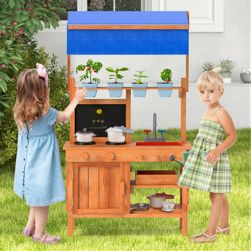 Wooden Pretend Play Kitchen with Height Adjustable Canopy for Kids, Natural