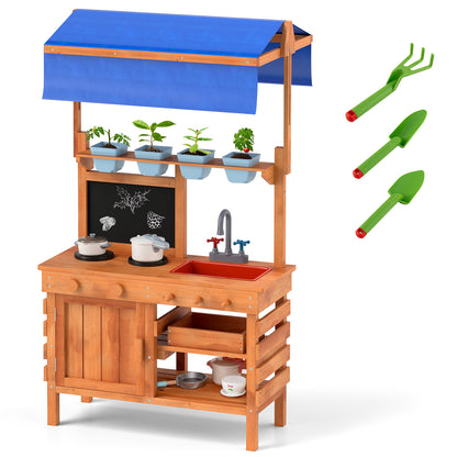 Wooden Pretend Play Kitchen with Height Adjustable Canopy for Kids, Natural Play Kitchen Sets Natural at Gallery Canada