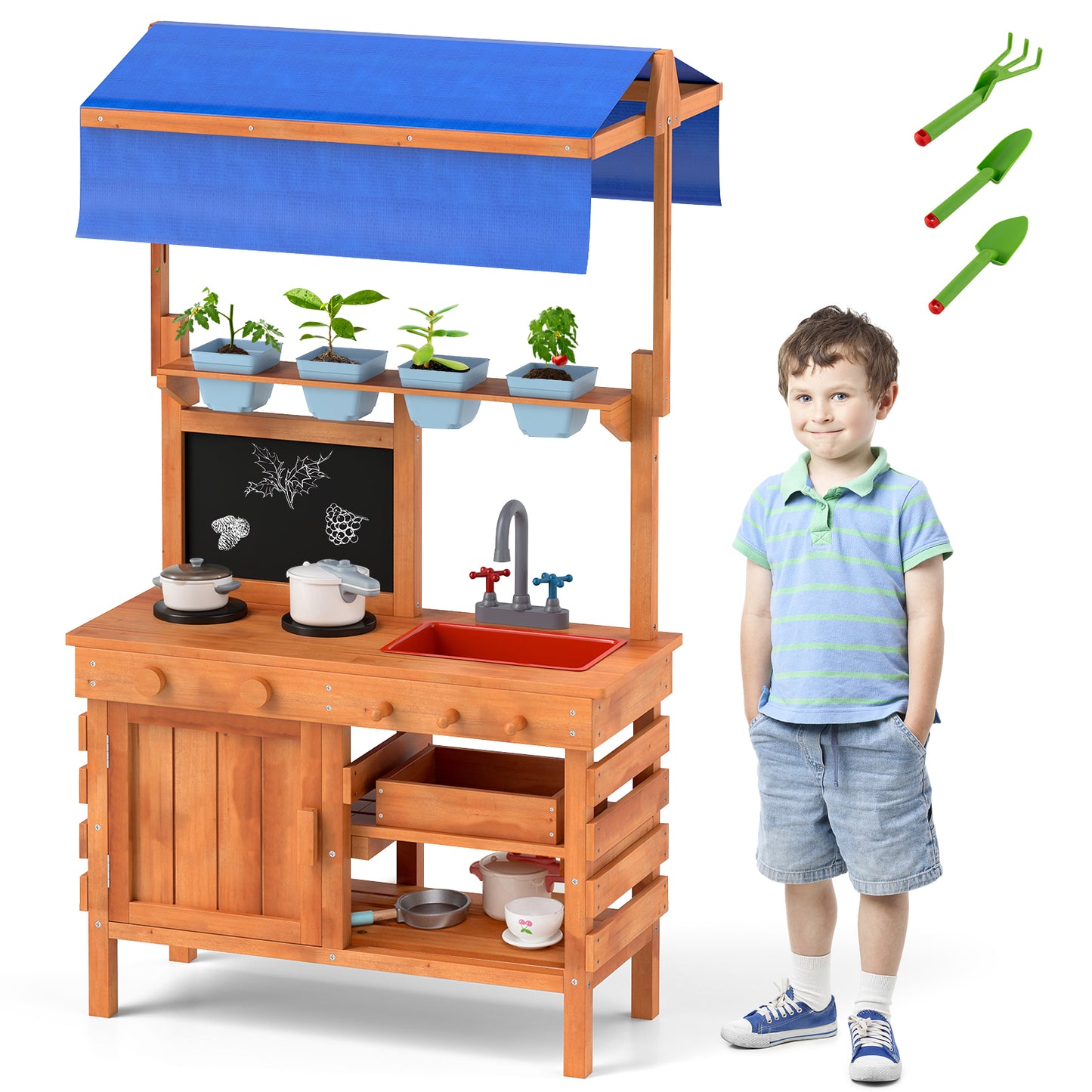 Wooden Pretend Play Kitchen with Height Adjustable Canopy for Kids, Natural Play Kitchen Sets at Gallery Canada