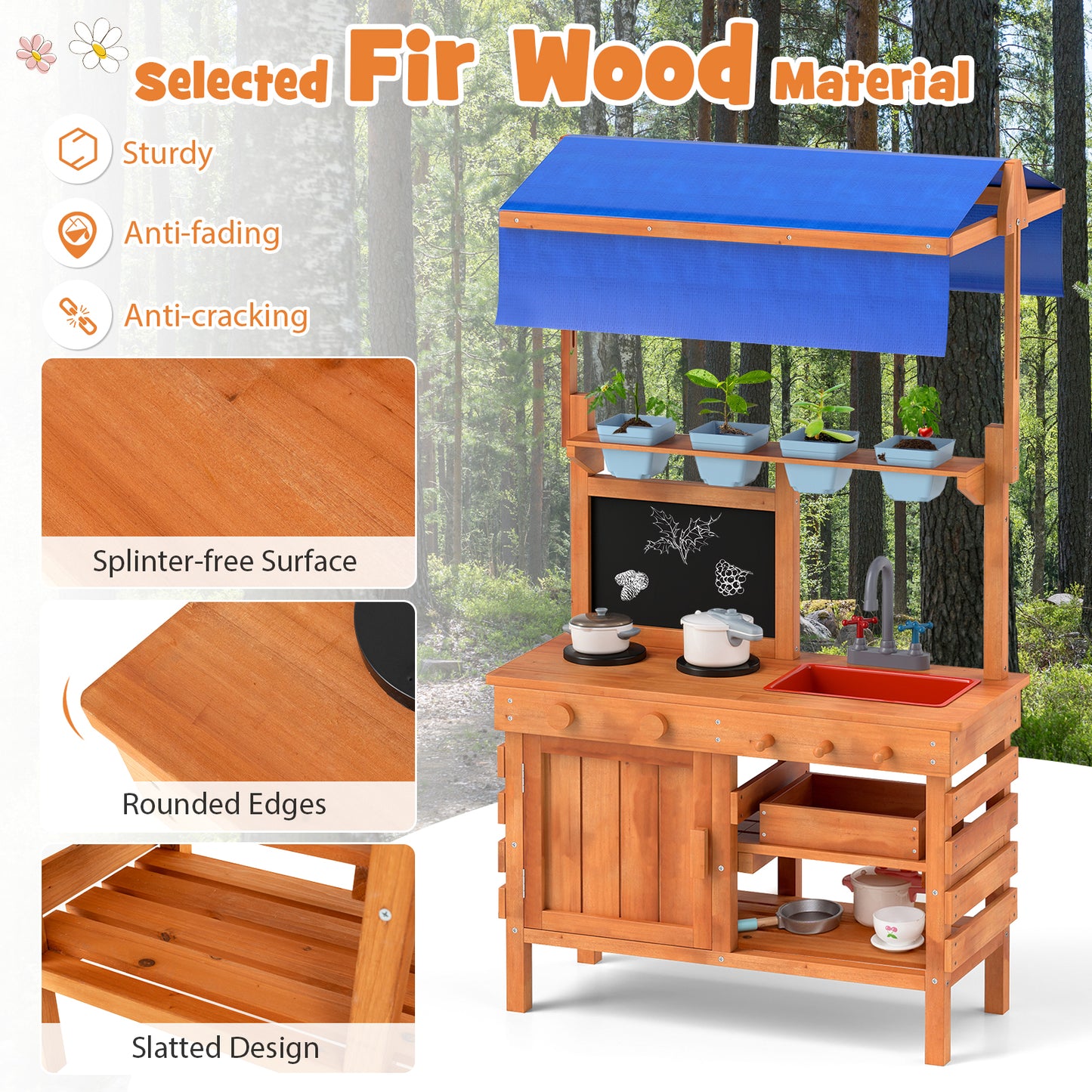 Wooden Pretend Play Kitchen with Height Adjustable Canopy for Kids, Natural Play Kitchen Sets at Gallery Canada