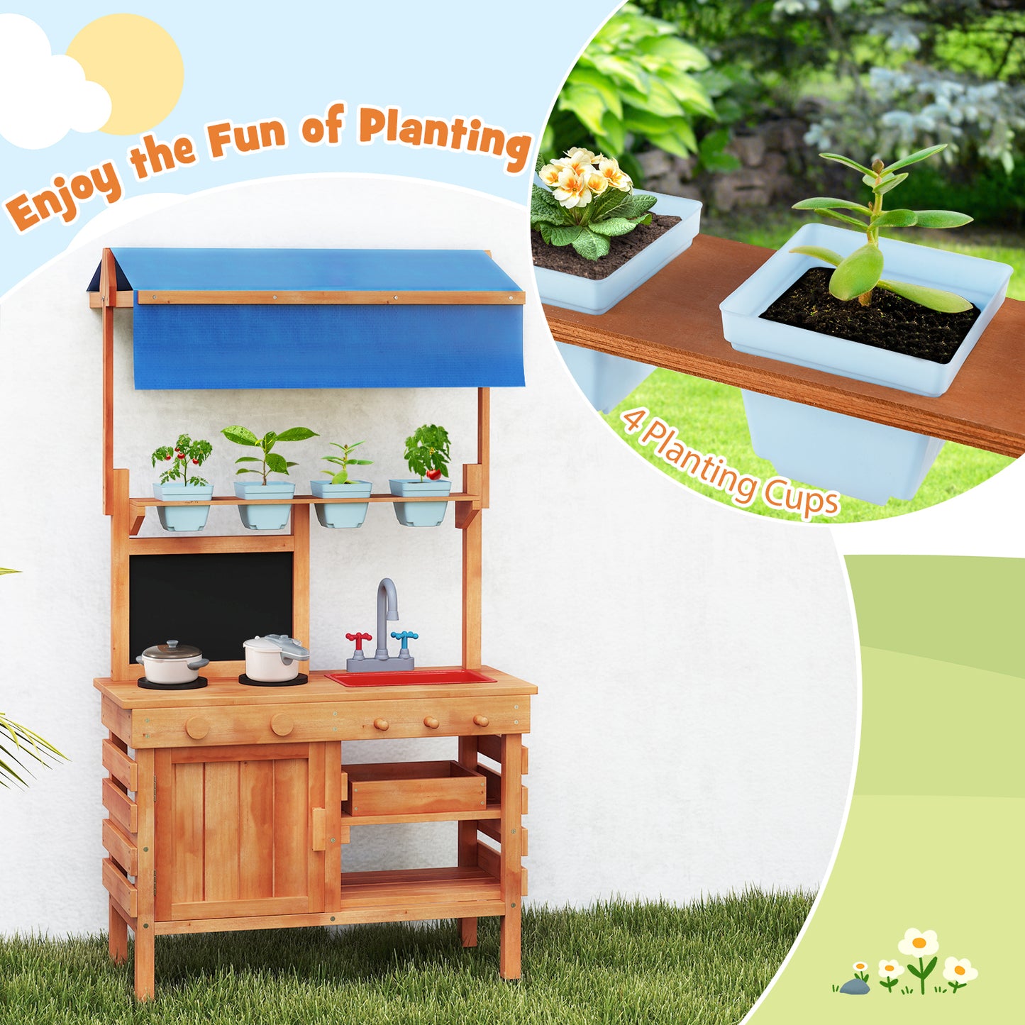Wooden Pretend Play Kitchen with Height Adjustable Canopy for Kids, Natural Play Kitchen Sets at Gallery Canada