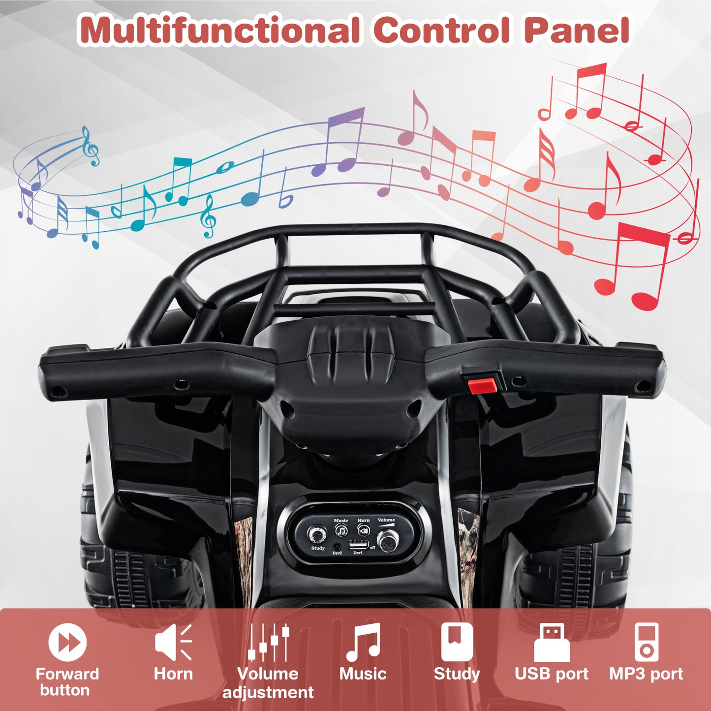 6V Kids ATV Quad Electric Ride On Car, LED Light, MP3, Solid Black Powered Ride On Toys at Gallery Canada